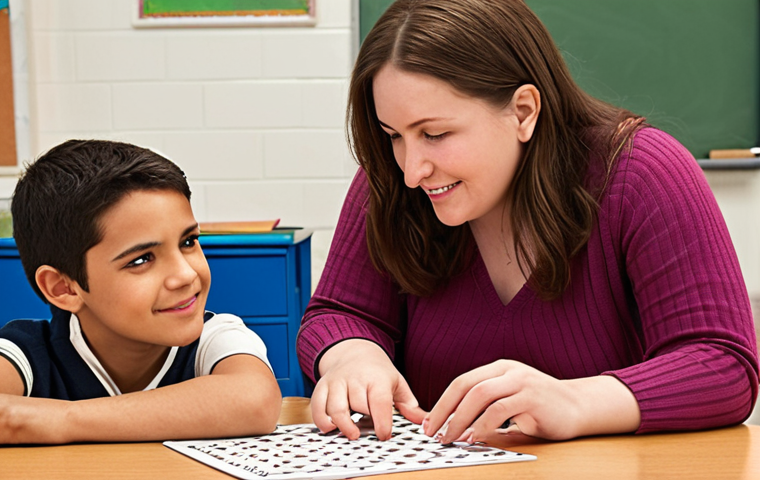 **A dedicated special education teacher warmly interacting with a young student who is engaged in a math problem, emphasizing a one-on-one personalized approach.** This image should highlight the positive relationship and customized support.